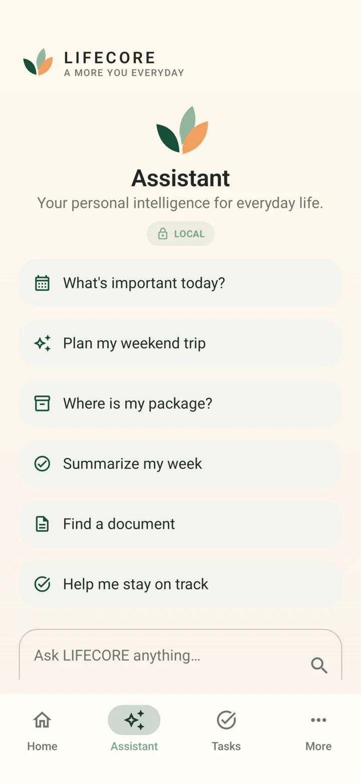 LIFECORE local assistant screen with grounded suggestions