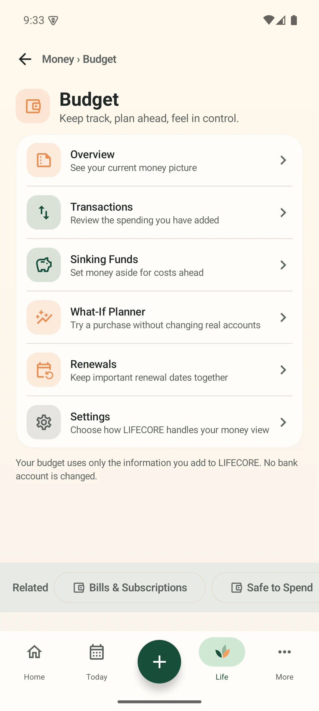 LIFECORE Budget showing overview, transactions, sinking funds, What-If Planner and renewals