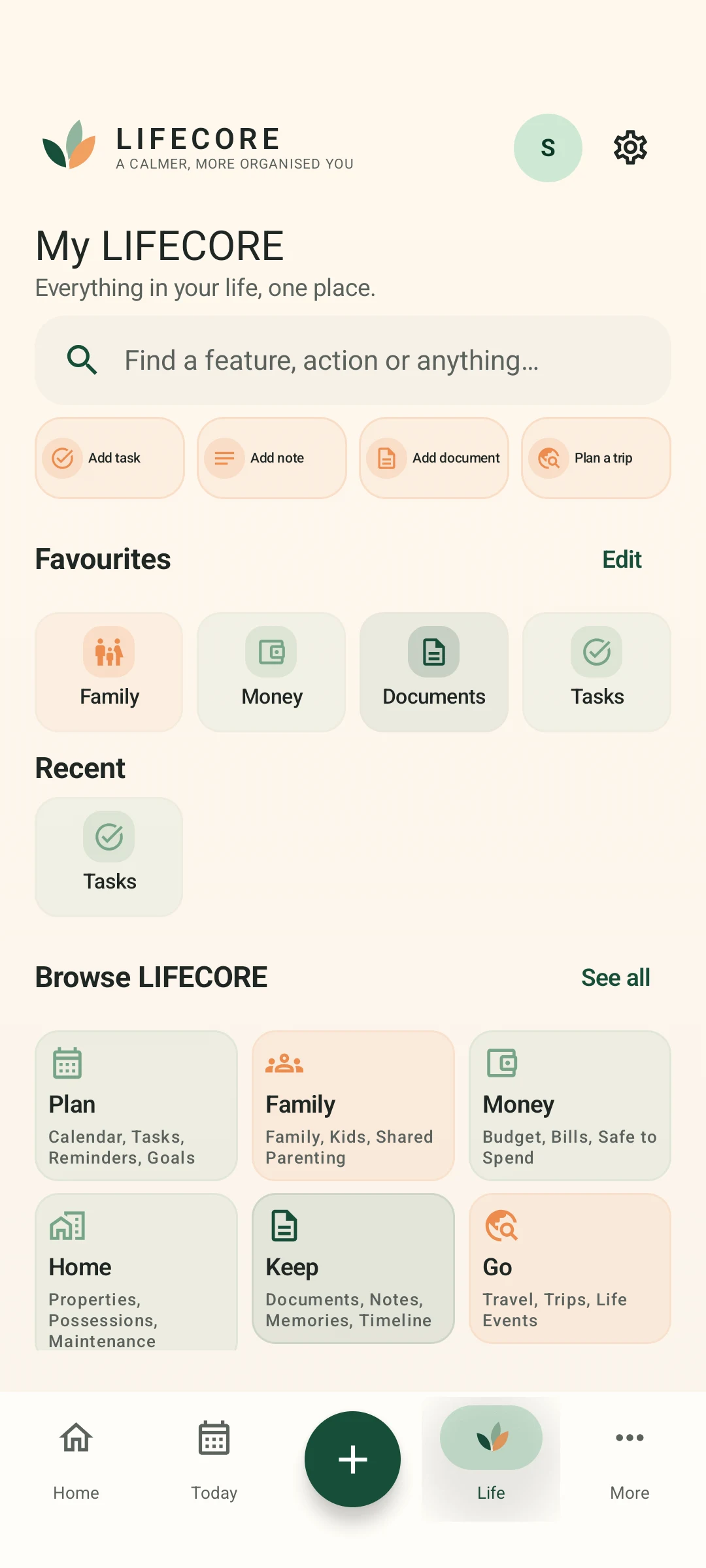 LIFECORE Compass showing search, quick actions, favourites and every area of the app