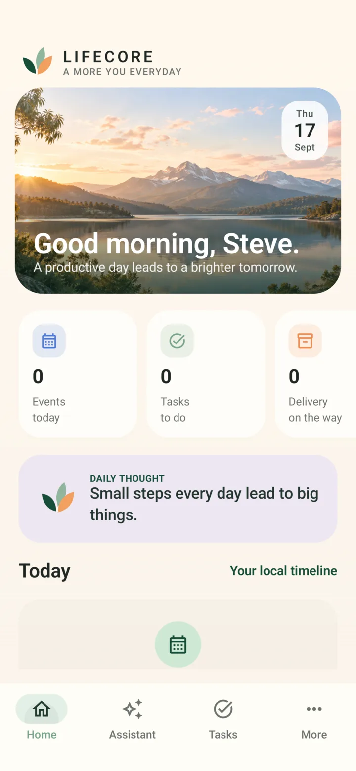 LIFECORE Android home screen showing today, family and needs-attention summaries